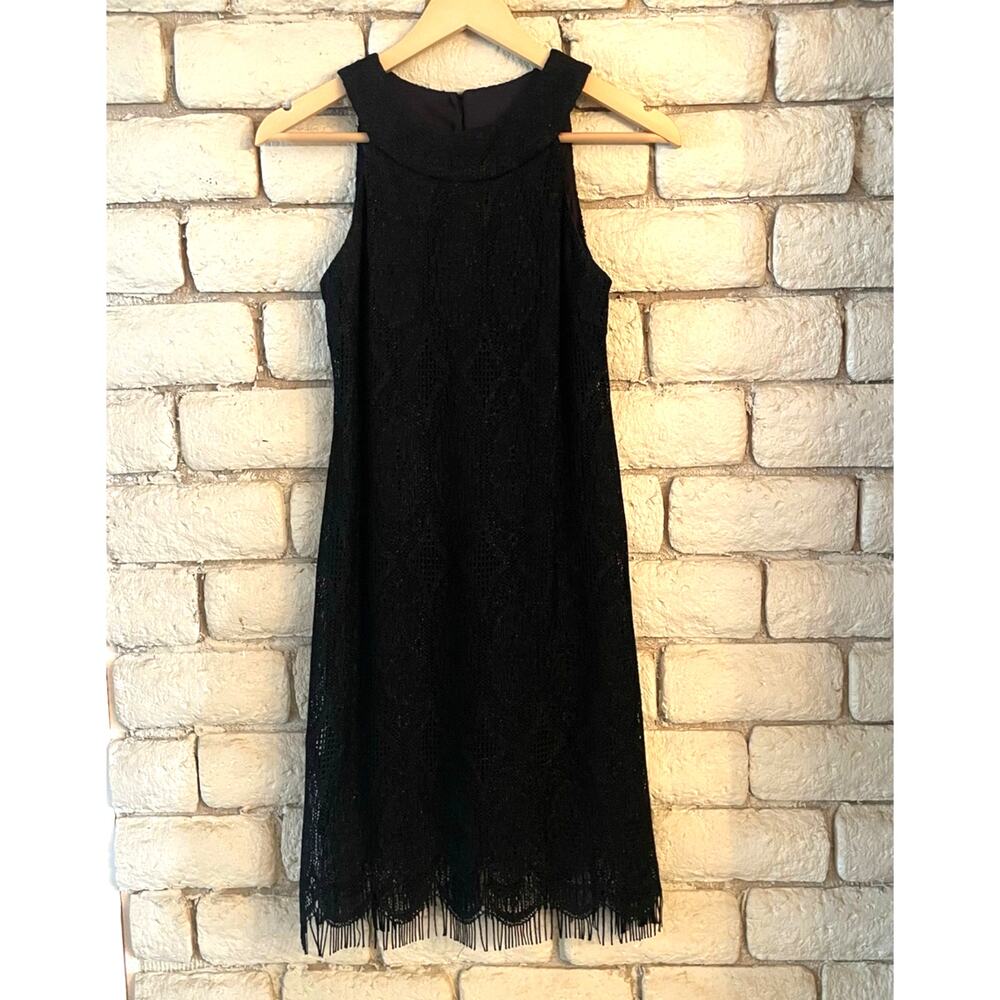 Dressbarn Shift Dress Black Lace Overlay – Sleeveless with Fringe Hem Size 4